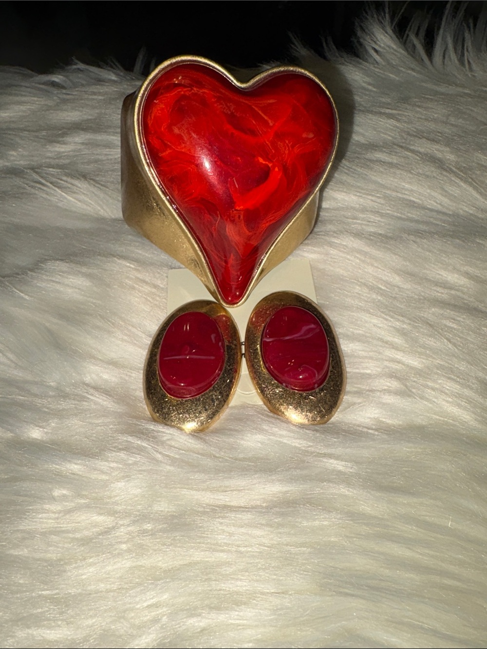 Gold-Tone Red Heart Jewelry Box with Matching Red Oval Clip-On Earrings